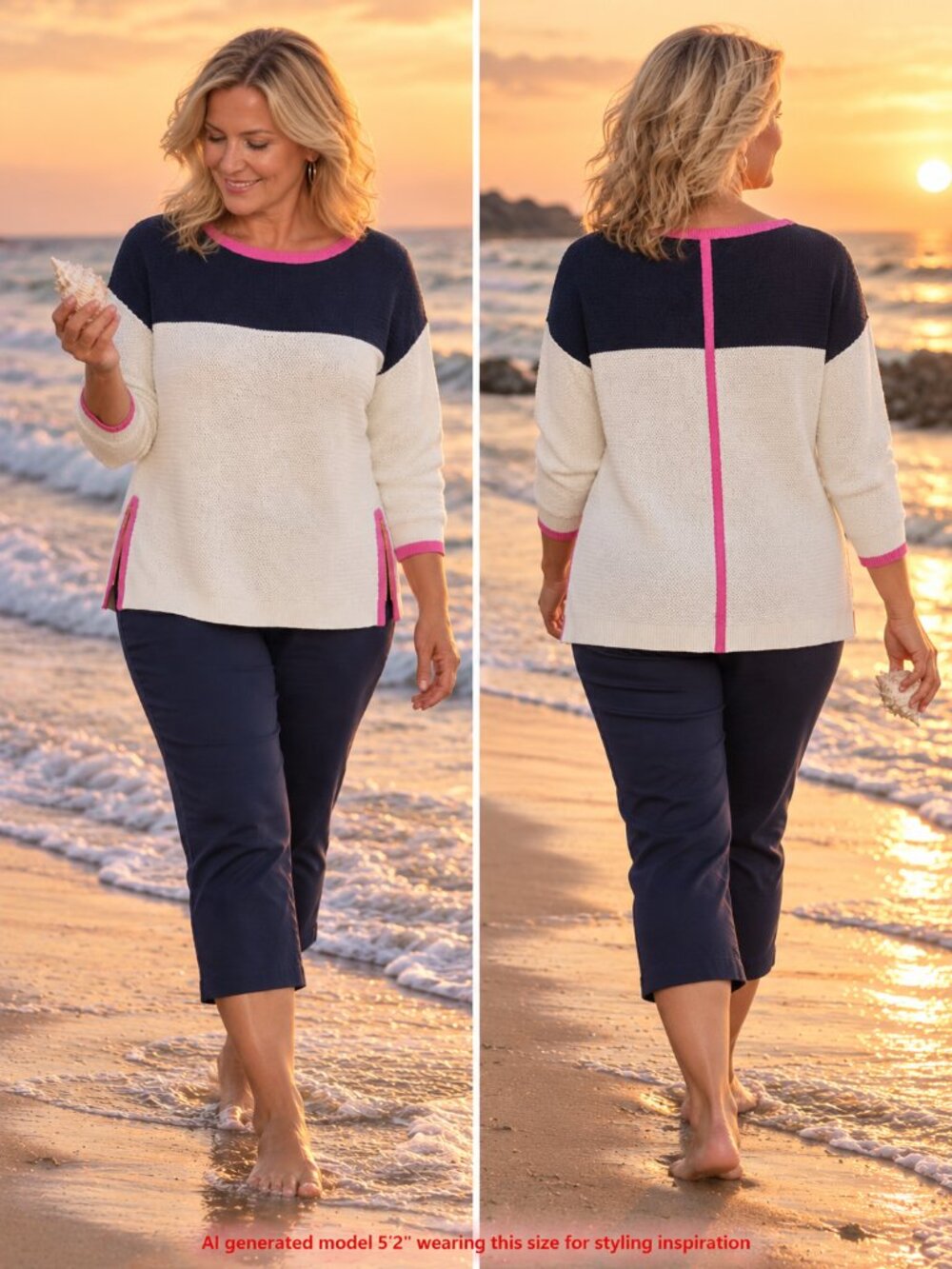 Talbots Colorblock Textured Sweater Pink Navy Ivory Petite XLP